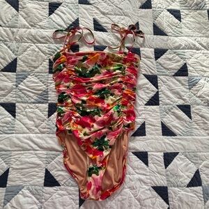 J. Crew Floral Ruched Tie Shoulder One Piece Bathing Suit Women’s Size 14